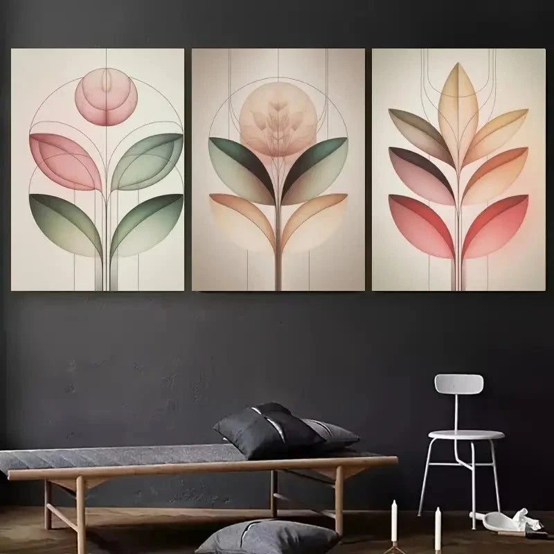 3pcs Geometric Shapes, Soft Green, Pink Tones  Wall Art Set Canvas Framed 50x70cm - High Quality Print 100% Australian Made Wall Canvas Ready to Hang - Bella Home Decor