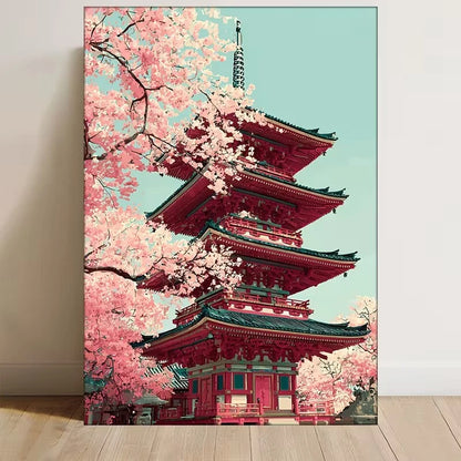 Japanese Pagoda & Cherry Blossoms 60x90cm Metal Print Ready to Hang
