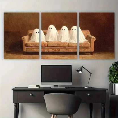 3pcs Vintagey Style Painting Cute Ghost Perfect Wall Art Set Canvas Framed 50x70cm - High Quality Print 100% Australian Made Wall Canvas Ready to Hang