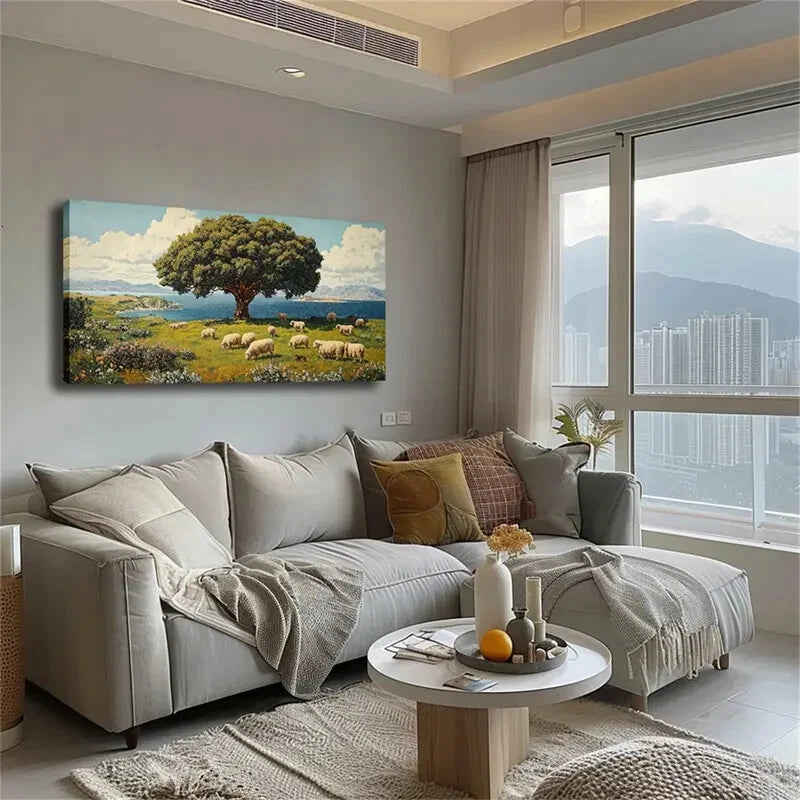 Group Of Sheep Grazing Modern Wall Art Canvas Office Home Room Framed 120x60cm - Bella Home Decor