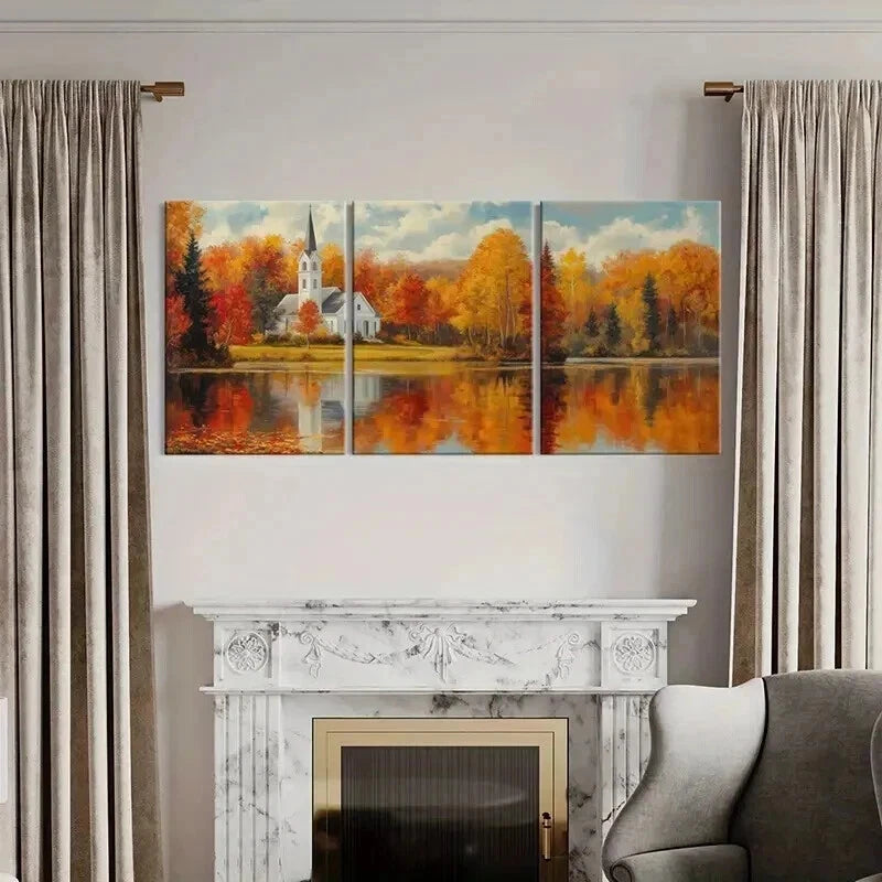 3pcs Autumn Church Landscape & Lake Reflection Wall Art Set Canvas Framed 60x90cm - High Quality Print 100% Australian Made Wall Canvas Ready to Hang - Bella Home Decor