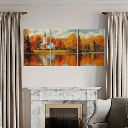 3pcs Autumn Church Landscape & Lake Reflection Wall Art Set Canvas Framed 60x90cm - High Quality Print 100% Australian Made Wall Canvas Ready to Hang - Bella Home Decor