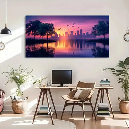 Pink Purple City Skyline Lands Wall Art Canvas Office Home Room Framed 120x60cm - Bella Home Decor
