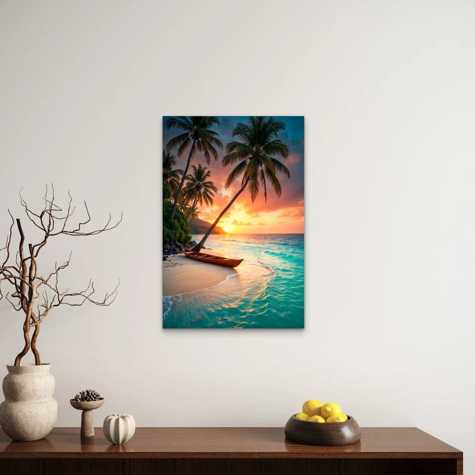 Tropical Beach Wooden Canoe Palm Trees Sunset 40x60cm Metal Print Ready to Hang