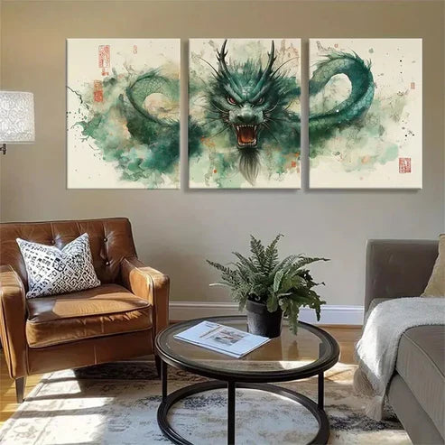 3pcs Majestic Green Dragon with Flowing Wall Art Canvas Unframed - High Quality Print 100% Australian Made Wall Canvas