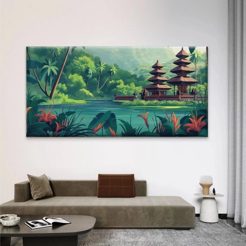 Tropical Jungle Temple Wall Art Canvas Office Home Room Framed 120x60cm