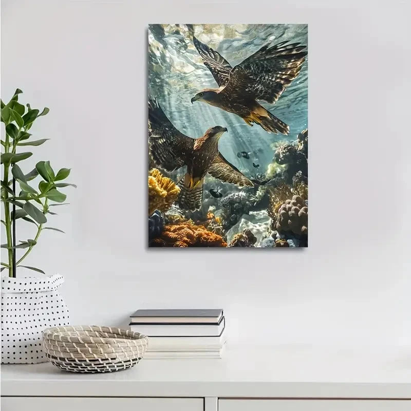 Hawk Chasing Each Other Underwater Coral Reef 40x60cm Metal Print Ready to Hang - Bella Home Decor