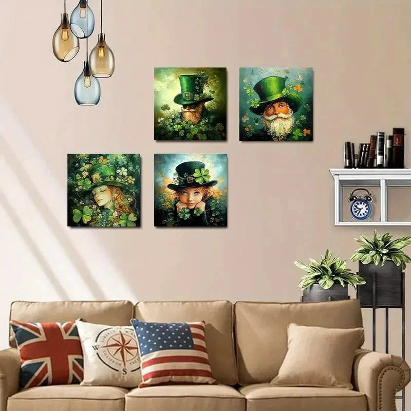 4pcs Hat and Four Leaf Clover Wall Art Canvas Framed