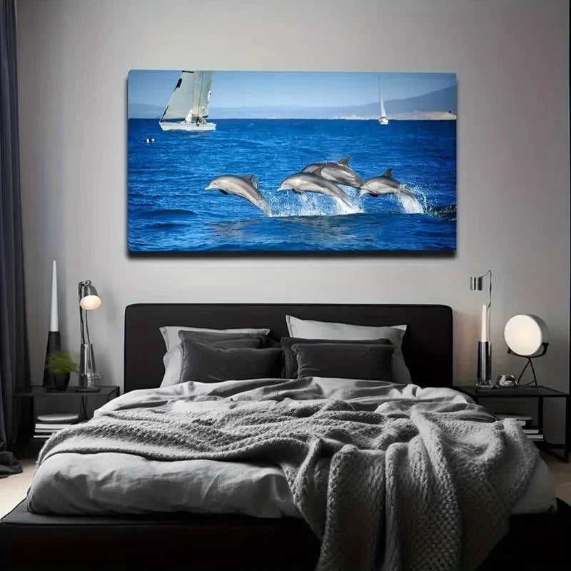 Dolphins Leaping In Ocean Wall Art Canvas Office Home Room Framed 120x60cm