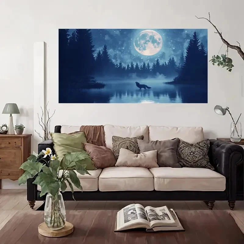 Wolf Howling At Full Moon Wall Art Canvas Office Home Room Framed 120x60cm