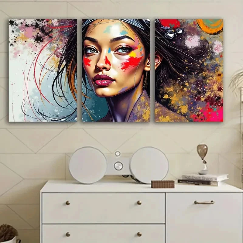 3pcs Vibrant Woman Portrait Spray Paint Artwork Wall Art Set Canvas Framed 40x60cm - High Quality Print 100% Australian Made Wall Canvas Ready to Hang
