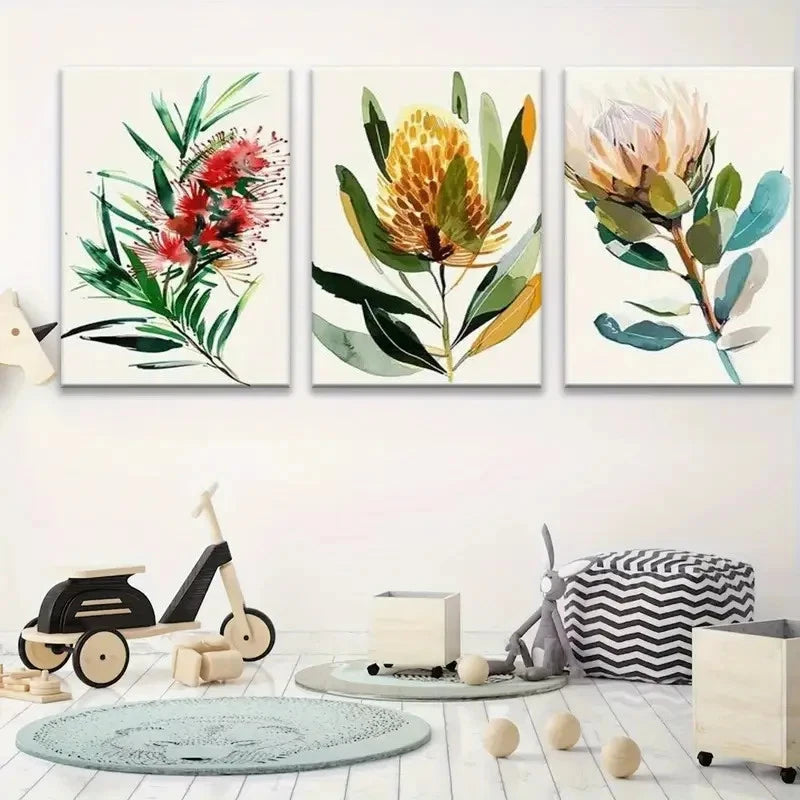 3pcs Flower Decor with Green Leaves Wall Art Set Canvas Framed 60x90cm - High Quality Print 100% Australian Made Wall Canvas Ready to Hang - Bella Home Decor