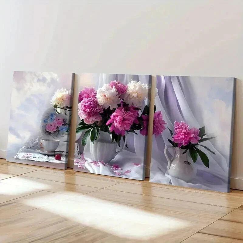 3pcs Vintage Art with Pink Peonies in Vase Wall Art Set Canvas Framed 50x70cm - High Quality Print 100% Australian Made Wall Canvas Ready to Hang - Bella Home Decor