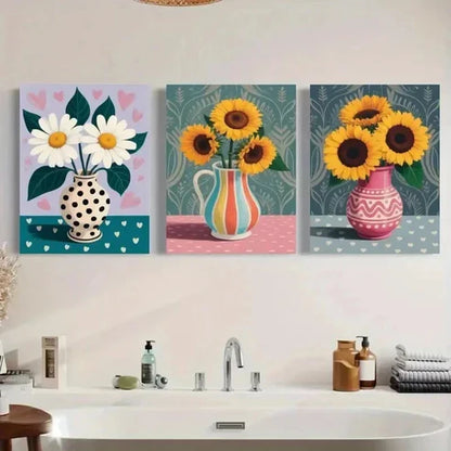 3pcs Sunflowers, Daisies, Polka Dot Wall Art Canvas Unframed - High Quality Print 100% Australian Made Wall Canvas