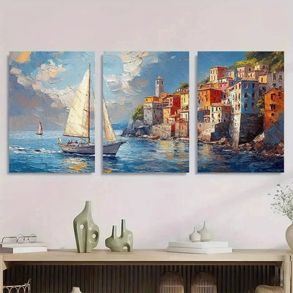 3pcs Vibrant Sailboat & Coastal Town Perfect Wall Art Set Canvas Framed 60x90cm - High Quality Print 100% Australian Made Wall Canvas Ready to Hang