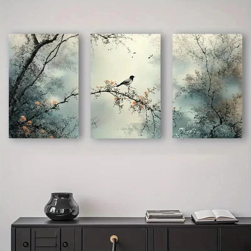 3pcs Modern Abstract Nature Bird & Branch Wall Art Set Canvas Framed 60x90cm - High Quality Print 100% Australian Made Wall Canvas Ready to Hang
