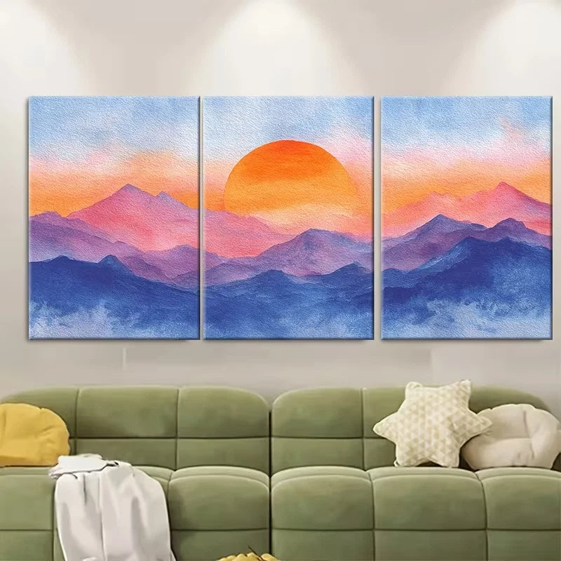 3pcs Watercolor Sunrise Over Mountains Metal Print Ready to Hang Art