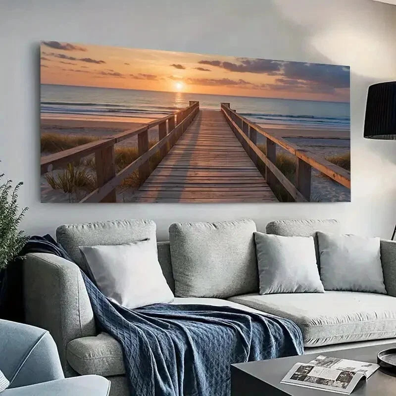Scenic Beach Sunset Pier wall canvas office home room framed 120x60cm - Bella Home Decor