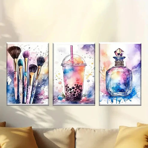 3pcs Paint Brushes Drink & Crystal Bottle Wall Art Canvas Unframed - High Quality Print 100% Australian Made Wall Canvas