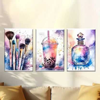 3pcs Paint Brushes Drink & Crystal Bottle Wall Art Canvas Unframed - High Quality Print 100% Australian Made Wall Canvas