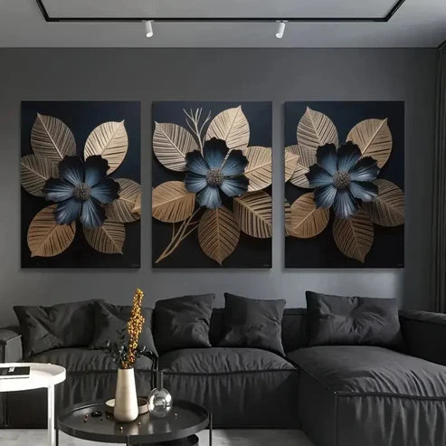 3pcs Golden Leaves, Black Flowers  Wall Art Set Canvas Unframed - High Quality Print 100% Australian Made Wall Canvas - Bella Home Decor