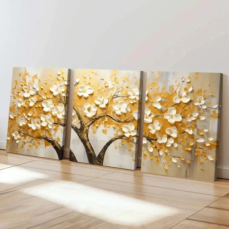 3pcs Abstract Golden Leaf White Flowers Wall Art Set Canvas Framed 40x60cm - High Quality Print 100% Australian Made Wall Canvas Ready to Hang - Bella Home Decor