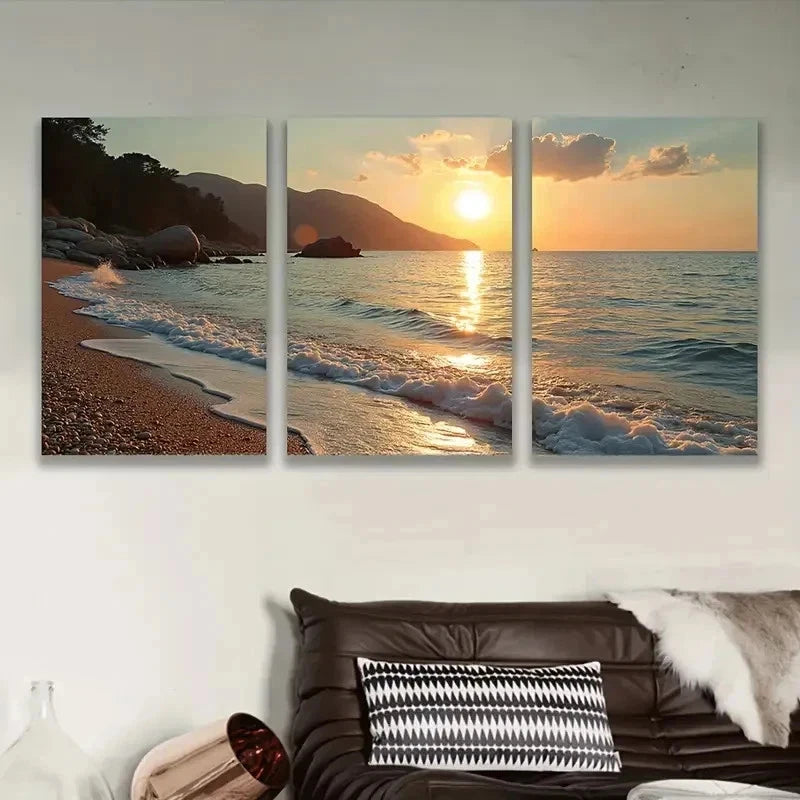 3pcs Sunset On The Rocks Wall Art Set Canvas Framed 50x70cm - High Quality Print 100% Australian Made Wall Canvas Ready to Hang