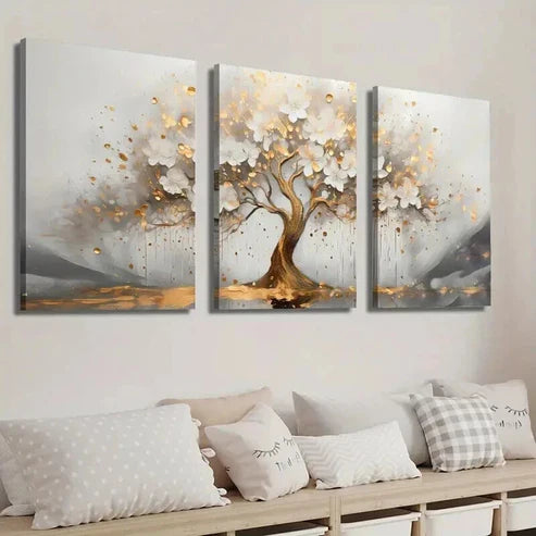 3pcs Abstract Golden Tree with White Flowers Wall Art Set Canvas Unframed - High Quality Print 100% Australian Made Wall Canvas - Bella Home Decor