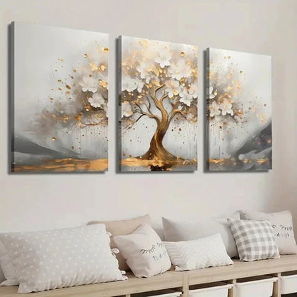 3pcs Abstract Golden Tree with White Flowers Wall Art Set Canvas Unframed - High Quality Print 100% Australian Made Wall Canvas - Bella Home Decor