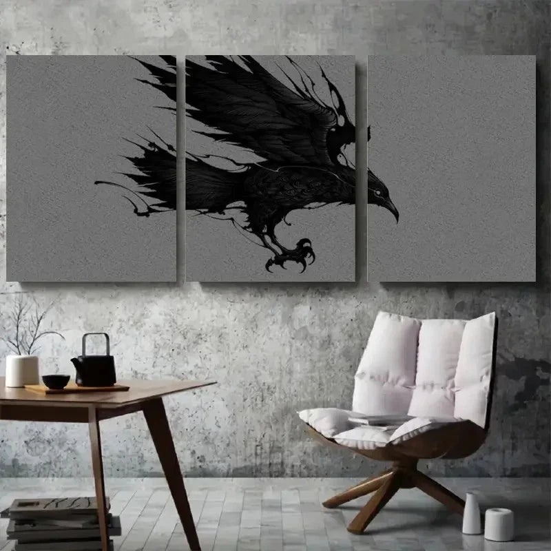 3pcs Black Bird in Flight with Dramatic Wings Metal Print Ready to Hang Art - Bella Home Decor