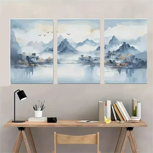 3pcs Modern Blue Abstract Mountain Murals Wall Art Canvas Unframed - High Quality Print 100% Australian Made Wall Canvas