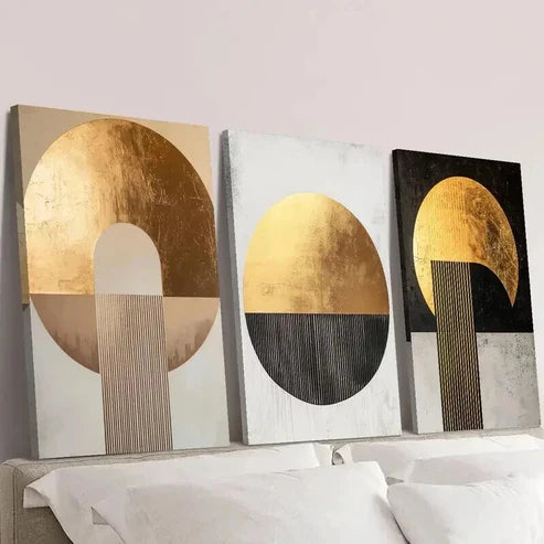 3pcs Golden and Copper Geometric Abstract Wall Art Canvas Unframed - High Quality Print 100% Australian Made Wall Canvas