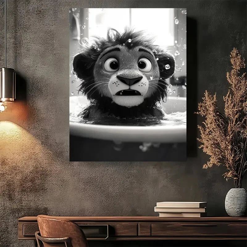 Beautiful Whimsical Lion Bath Time Painting 40x60cm Metal Print Ready to Hang - Bella Home Decor