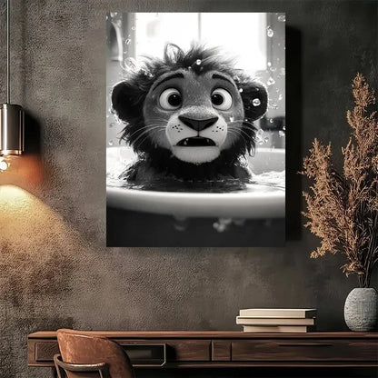 Beautiful Whimsical Lion Bath Time Painting 40x60cm Metal Print Ready to Hang - Bella Home Decor