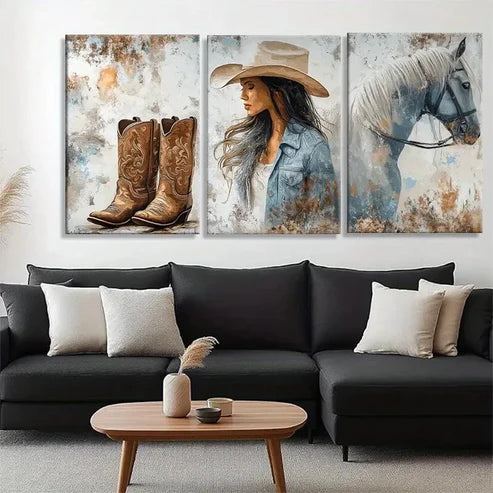 3pcs Rustic Country Girl Boots & Horse Perfect Wall Art Canvas Unframed - High Quality Print 100% Australian Made Wall Canvas