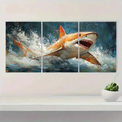 3pcs Tiger Shark Painting Ocean SeascapeI I Wall Art Set Canvas Unframed - High Quality Print 100% Australian Made Wall Canvas