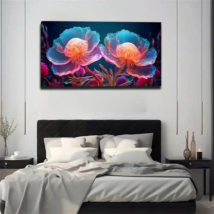 Vibrant Fluorescent Flowers Wall Art Canvas Office Home Room Framed 120x60cm