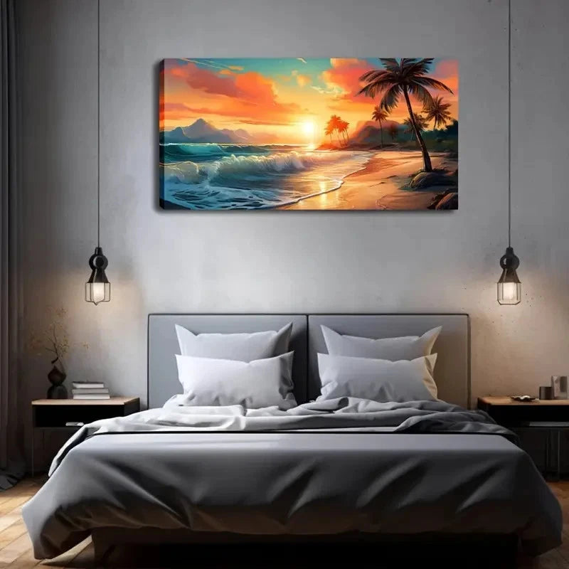 Sunset Beach Minimalist Wall Art Canvas Office Home Room Framed 120x60cm