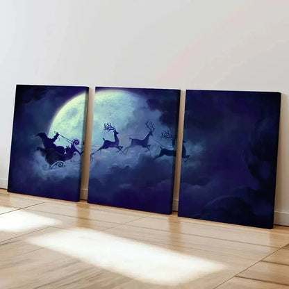 3pcs Santa Claus And Reindeer Under The Moon Wall Art Set Canvas Framed 60x90cm - High Quality Print 100% Australian Made Wall Canvas Ready to Hang