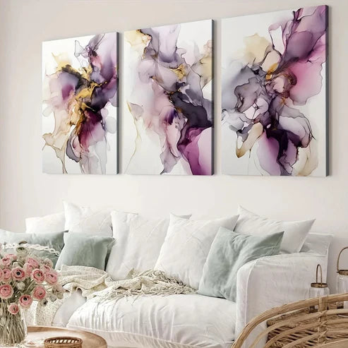 3pcs Marble Golden Foil Purple Modern Elegant Canvas Unframed - High Quality Print 100% Australian Made Wall Canvas