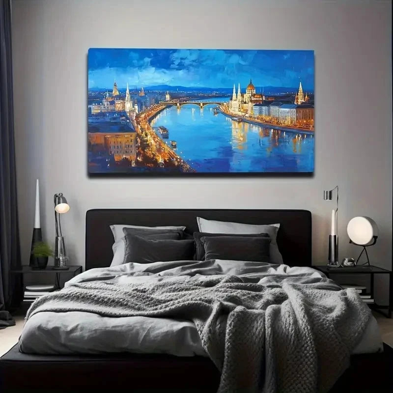 Vibrant Blue Sky And City River Wall Art Canvas Office Home Room Framed 120x60cm