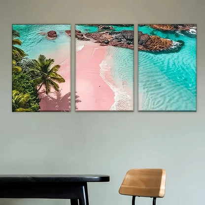 3pcs beach with palm trees and pink sand beach Wall Art Set Canvas Framed 60x90cm - High Quality Print 100% Australian Made Wall Canvas Ready to Hang - Bella Home Decor