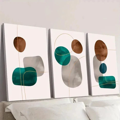 3pcs Blue Brown Grey Geometric Shape & Gold Line Wall Art Set Canvas Unframed - High Quality Print 100% Australian Made Wall Canvas - Bella Home Decor