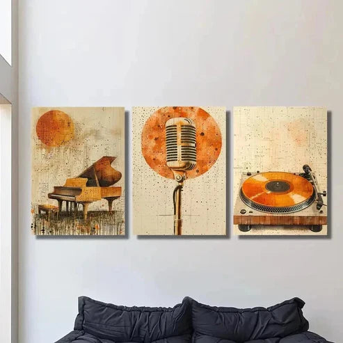 3pcs Golden Piano Microphone & Vinyl Record Wall Art Canvas Unframed - High Quality Print 100% Australian Made Wall Canvas - Bella Home Decor
