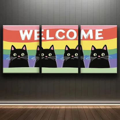 3pcs Welcome Kitty Design Colorful Cute Wall Art Set Canvas Unframed - High Quality Print 100% Australian Made Wall Canvas