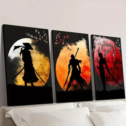 3pcs Epic Samurai & Floral Ink Illustrations Wall Art Canvas Unframed – High Quality Print 100% Australian Made Wall Canvas