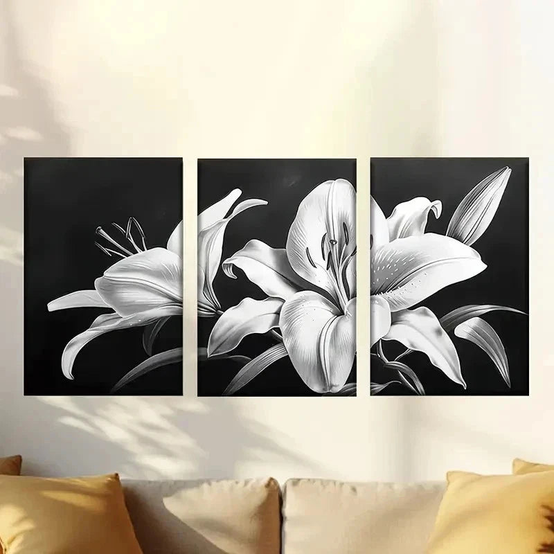 3pcs  Dark Black And White Lily Wall Art Set Canvas Framed 50x70cm - High Quality Print 100% Australian Made Wall Canvas Ready to Hang - Bella Home Decor