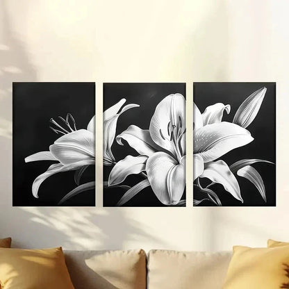 3pcs  Dark Black And White Lily Wall Art Set Canvas Framed 50x70cm - High Quality Print 100% Australian Made Wall Canvas Ready to Hang - Bella Home Decor