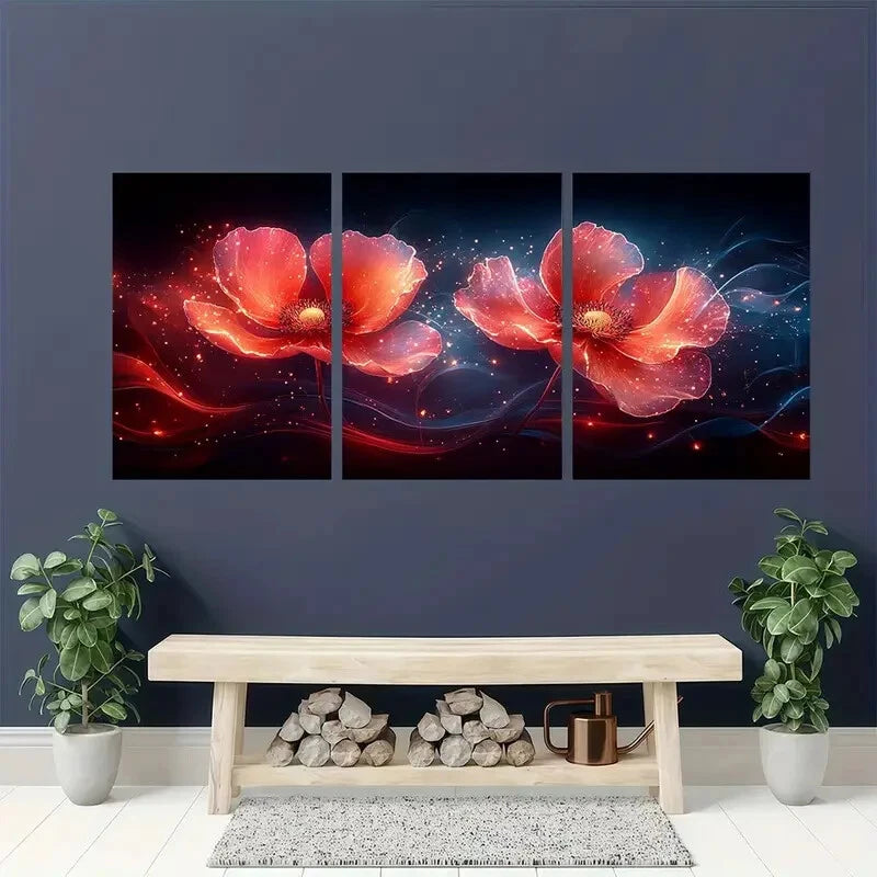 3pcs Vibrant Abstract Floral Red & Orange Metal Print Ready to Hang Art - Bella Home Decor