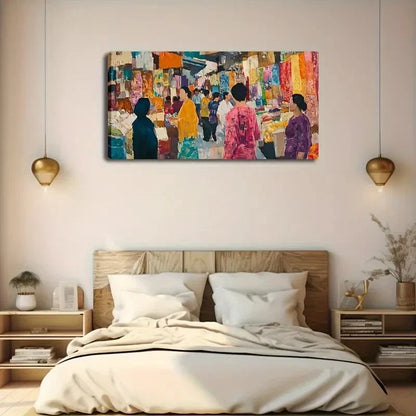 Vibrant Market Scene Wall Art Canvas Office Home Room Framed 120x60cm